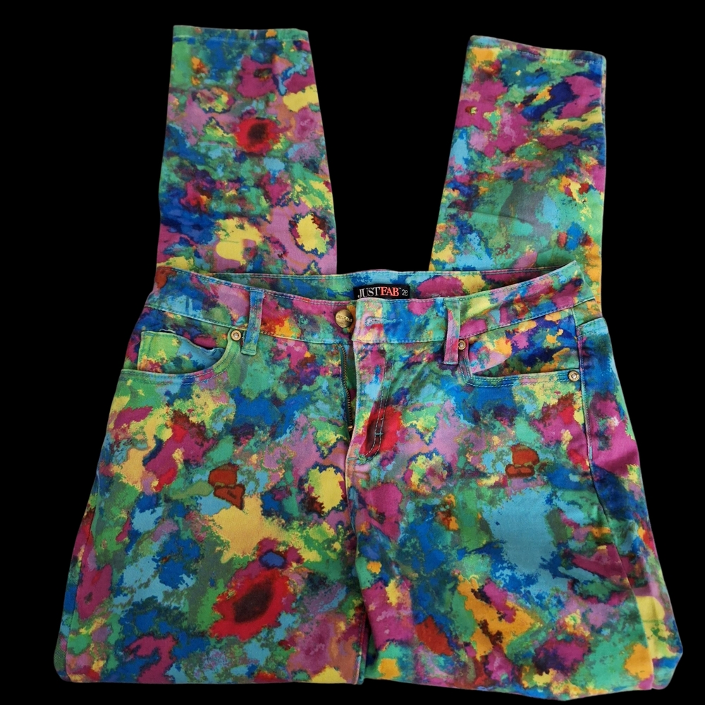 JustFab Abstract Indie Sleaze Watercolor Paint Splatter Skinny Jeans - Size 28